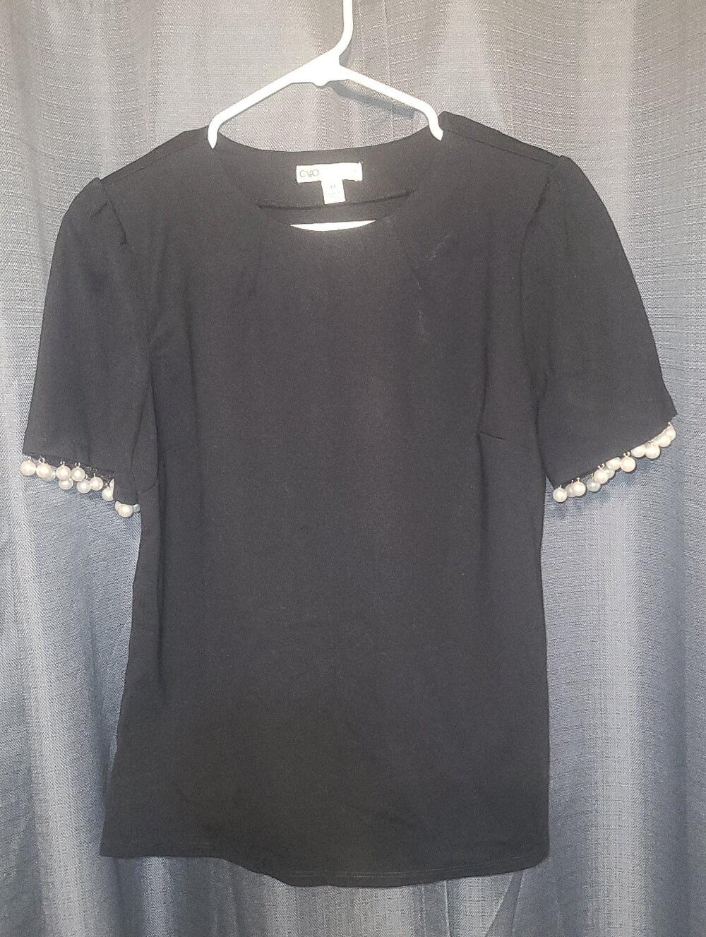 Cato Black Blouse With Short-Sleeves Adorned With Pearls,  Size M